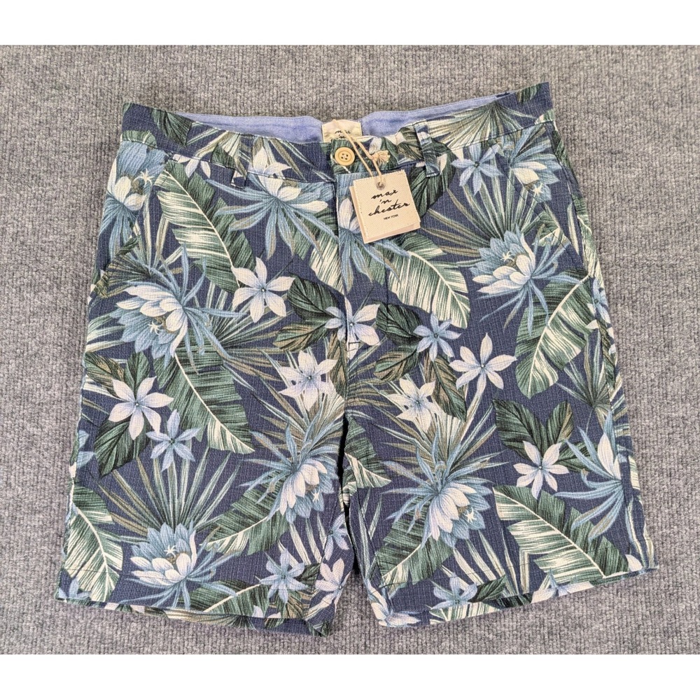 Max n Chester Mens Tropical Floral Cotton Linen Shorts Blue Green Size 32 NWT
